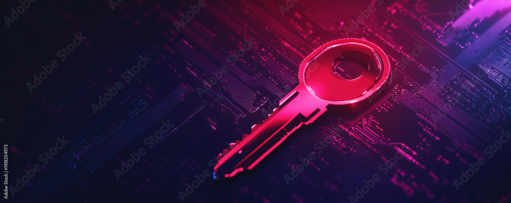 Poster digital key on circuit board background representing cybersecurity and data protection, copy space f
