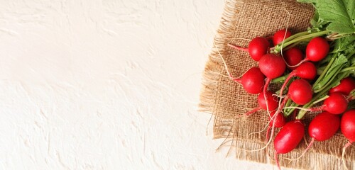 Fresh radish on white background with space for text, top view