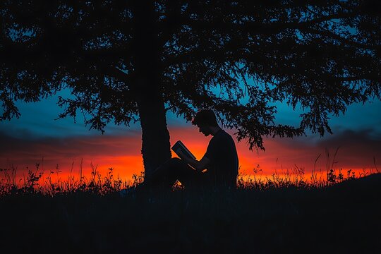 Silhouette of a reader under a tree at sunset.