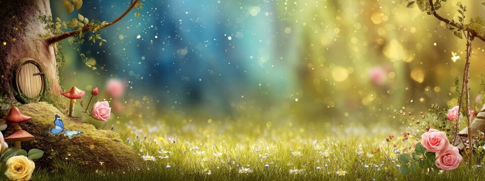 In a mystical forest of fantasy, a magical window shines from within the hollow of a pine tree that has been transformed into an elf's home, set amidst a resplendent garden of gigantic pink roses and