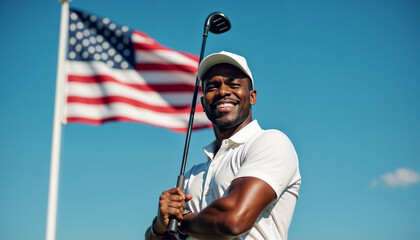 Confident African American male golfer smiling with a golf club and American flag backdrop