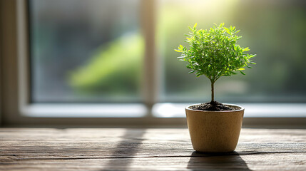Small potted plant on wooden surface, sunlight streaming through window.  Perfect for concepts of growth, nature, and new beginnings.
