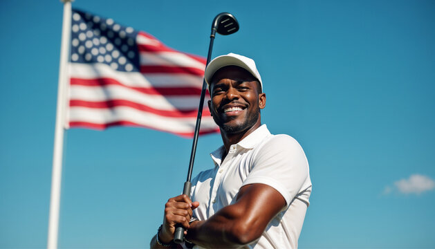 Confident African American male golfer smiling with a golf club and American flag backdrop