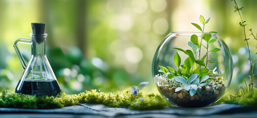 Botanical laboratory setup with glass flask and terrarium showcasing vibrant plant life, copy space for text.