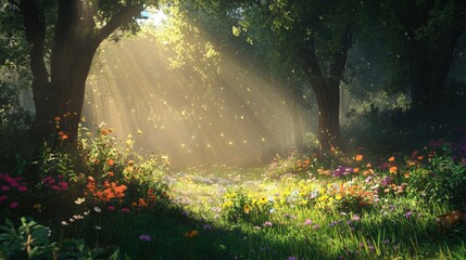 Obraz premium A sunlit meadow bathed in magic, filled with vibrant flowers and glowing insects.