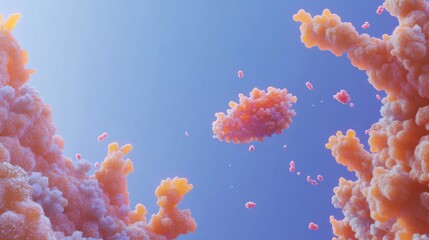 Naklejka premium Abstract illustration of floating, organic structures against a pale blue sky.