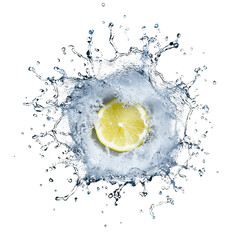 fresh lemon slice splashes into clear water, creating energetic burst of droplets against transparency background. dynamic motion captures essence of freshness and vitality