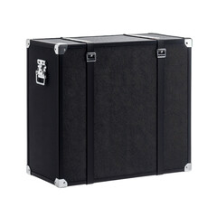 sturdy black flight case with metal corners and secure latches, designed for transporting equipment safely. durable construction ensures protection during travel