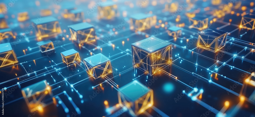 Poster blockchain technology representation with glowing cubes and interconnected lines, copy space for tex