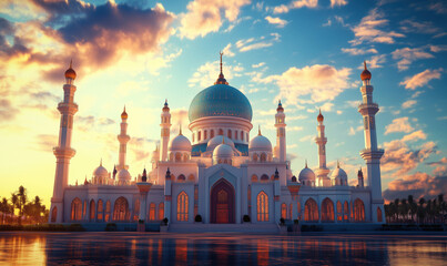 Obraz premium Stunning sunset view of a grand mosque with intricate architecture and serene reflections.