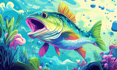 Fototapeta premium Vibrant underwater scene featuring a colorful bass fish swimming among coral and plants.