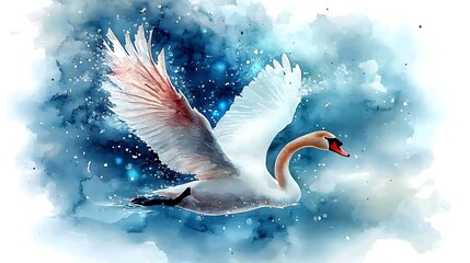Majestic swan in flight, painted in watercolor.