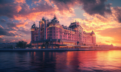 Fototapeta premium Stunning sunset view of luxurious hotel along river with vibrant sky and reflections.