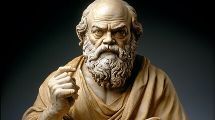 Obraz premium Detailed wooden sculpture of a serious ancient Greek philosopher.