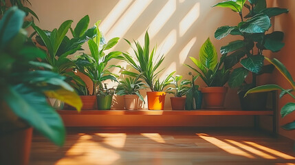 Sunlit indoor plants on a wooden shelf, showcasing various houseplants in terracotta and other pots.  Warm, inviting atmosphere.