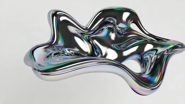 Iridescent metallic liquid shape, abstract chrome object with rainbow sheen, 3D rendering on white background, dynamic fluid form