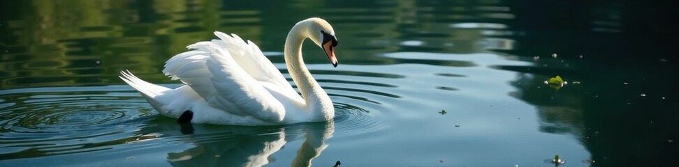 Fototapeta premium Single swan swimming, ripples spreading from its wings, outdoor, serene