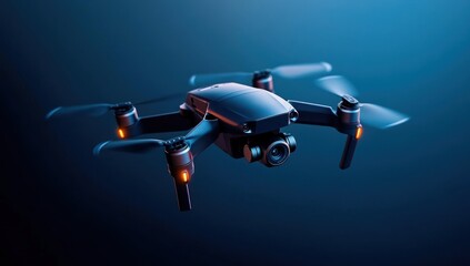 Fototapeta premium Dark drone with propellers and camera hovering in a dark blue background.