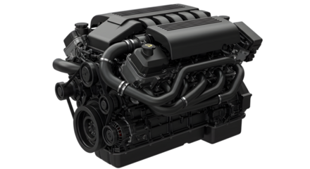 Close up shot of a detailed black car engine with visible belts and hoses on a black background on transparent background