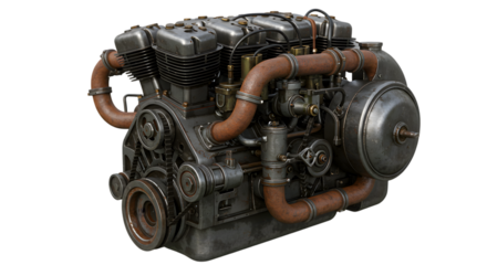 A detailed view of an old engine with pipes and gears against a black background showing its design on transparent background