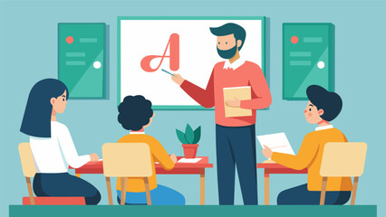 An instructor at the front of the room demonstrating proper letter formation and spacing as participants follow along on their own writing pads.. Vector illustration
