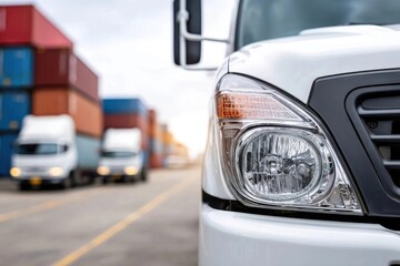Close-up of truck headlight, with blurred trucks and cargo containers in background, suggesting logistics and transportation.