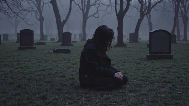 Person grieving silently in a foggy cemetery surrounded by tombstones  