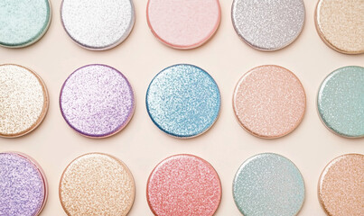 Colorful glittery round cosmetic containers arranged in a grid pattern showcasing pastel and metallic hues.