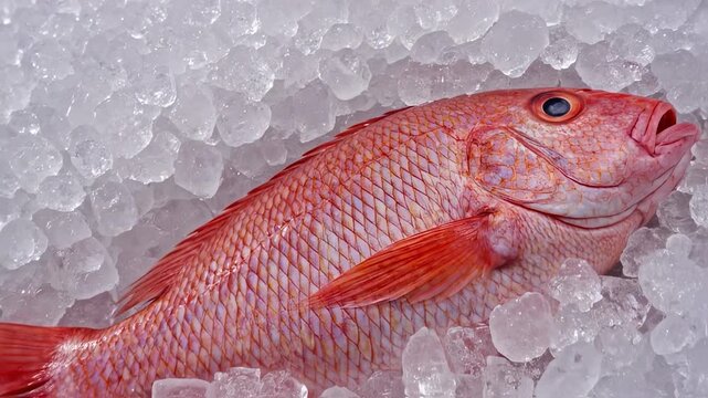 Close up fresh redfish snapper on crushed ice 
