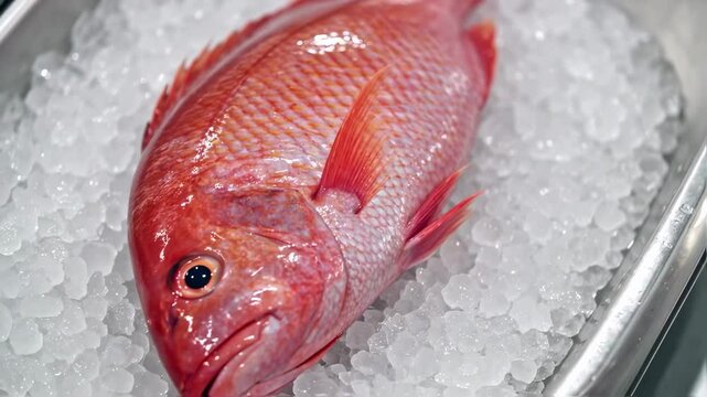Close up fresh redfish snapper on crushed ice 