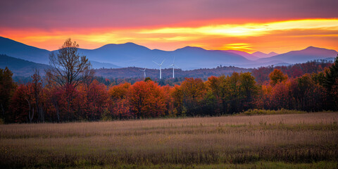 Obraz premium Breathtaking Autumn Landscape with Wind Turbines at Sunset, Vibrant Fall Foliage, Majestic Mountains in Background.