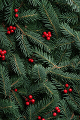 Christmas evergreen branches adorned with bright red berries creating a festive and natural holiday backdrop.