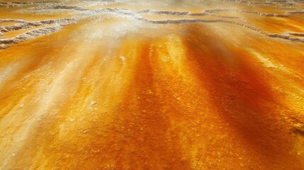 Naklejka premium Close-up of an orange hot spring mineral deposit and steaming geothermal area.