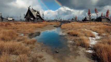 Fototapeta premium The concept of a fairy village in the forest is beautifully captured in this illustration of a rainbow overhead