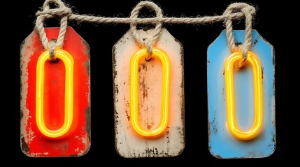 Vintage neon number zero displayed on three distressed tags.