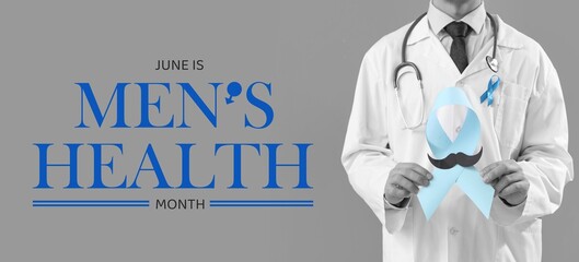 Male doctor with blue awareness ribbon on grey background. Banner for Men's Health Month