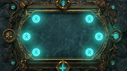 Mystical fantasy frame with glowing cyan symbols on ornate background - Powered by Adobe