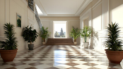 Elegant Interior Hallway With Sunlight And Plants