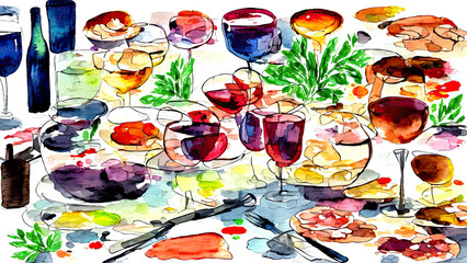 Fototapeta premium Colorful wine glasses and bottles in painted table scene