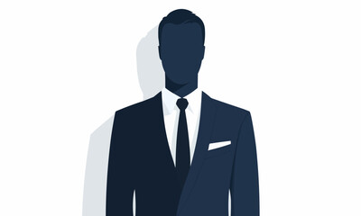 Minimalistic illustration of a faceless, suited male figure in a dark blue suit, white shirt, and tie, on a white background.