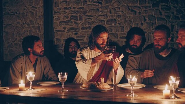 Jesus Offering Wine During Last Supper in Dimly Lit Room  