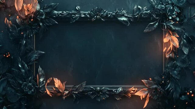 Elegant floral frame with dark leaves and fiery accents on a textured background