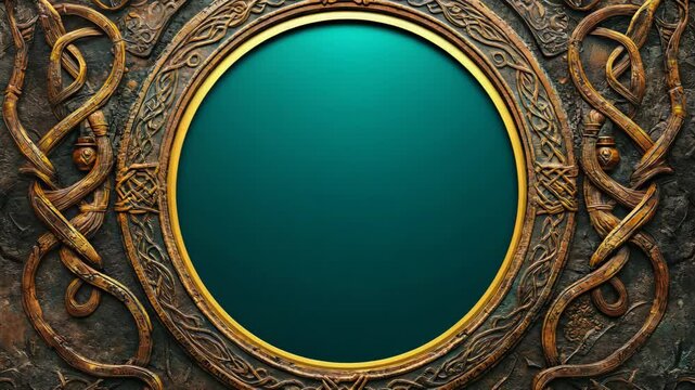 Ornate celtic-inspired circular portal with glowing aura on intricate carved background
