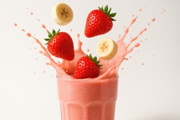 Strawberries and bananas splashing in pink smoothie in glass cup on white. 
