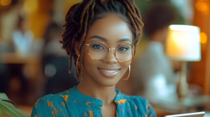 Smiling African woman using tablet in modern office for communication, KPI review, and digital campaign management
