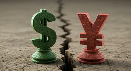  Usa-China Conflict Green Dollar vs Red Yen: Currency Chess Pawns on Cracked Ground. Economic Tension. AI Generated.