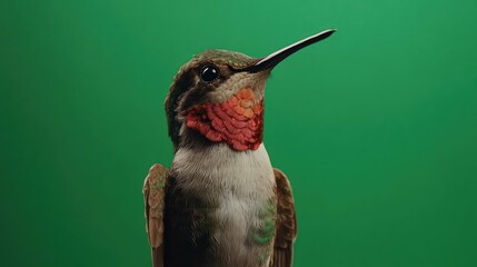Close-up of a vibrant hummingbird against a solid green background. 