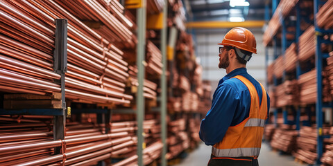 Warehouse worker inspecting copper pipes in industrial storage facility, safety gear, organized inventory, bright lighting, metal materials.