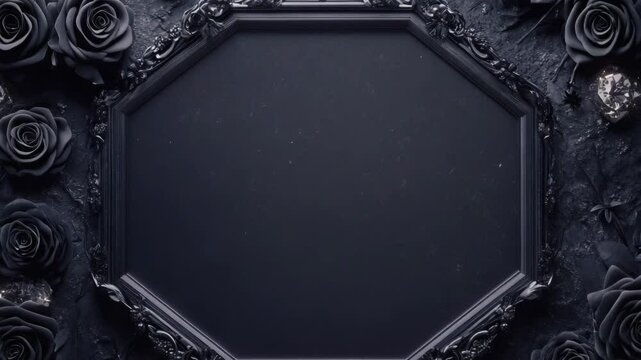 Elegant black frame surrounded by dark roses on ornate background