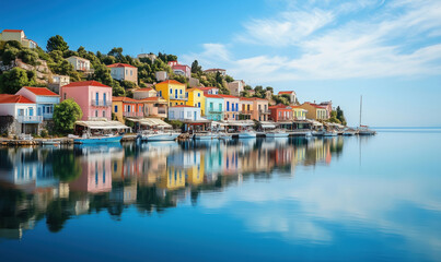 Fototapeta premium Colorful waterfront houses reflecting in calm waters of picturesque harbor, vibrant architecture, serene landscape, clear blue sky.